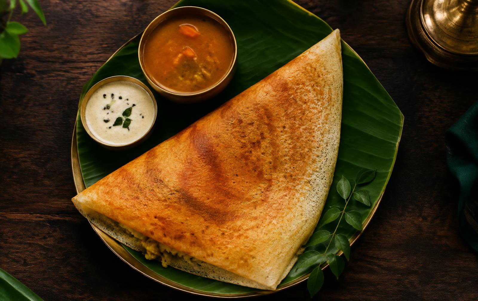Masala dosa on a banana leaf with chutney and sambar